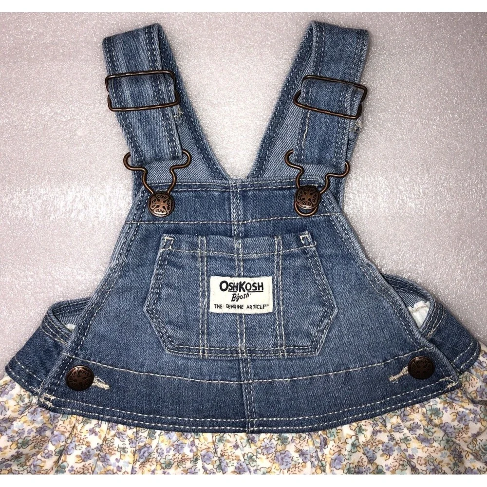 Oshkosh Baby Girl Floral Print Denim‎ Jumper Overall Dress Size 6 Months NEW